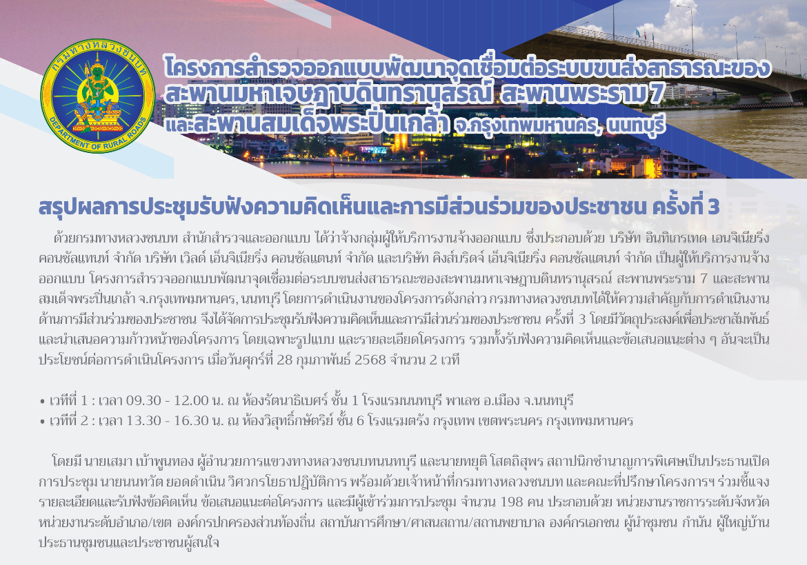 ข่าวประชาสัมพันธ์ สำนักสำรวจและออกแบบ กรมทางหลวงชนบท ประกาศสรุปผลการประชุมรับฟังความคิดเห็นของประชาชน ครั้งที่ 3 